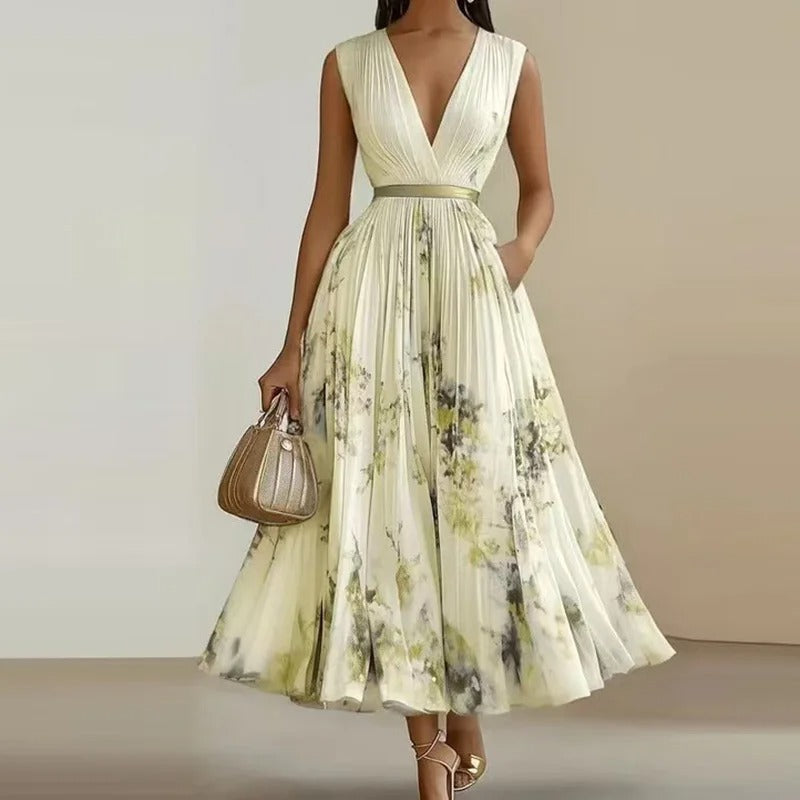 Elegant Floral Pleated Maxi Dress