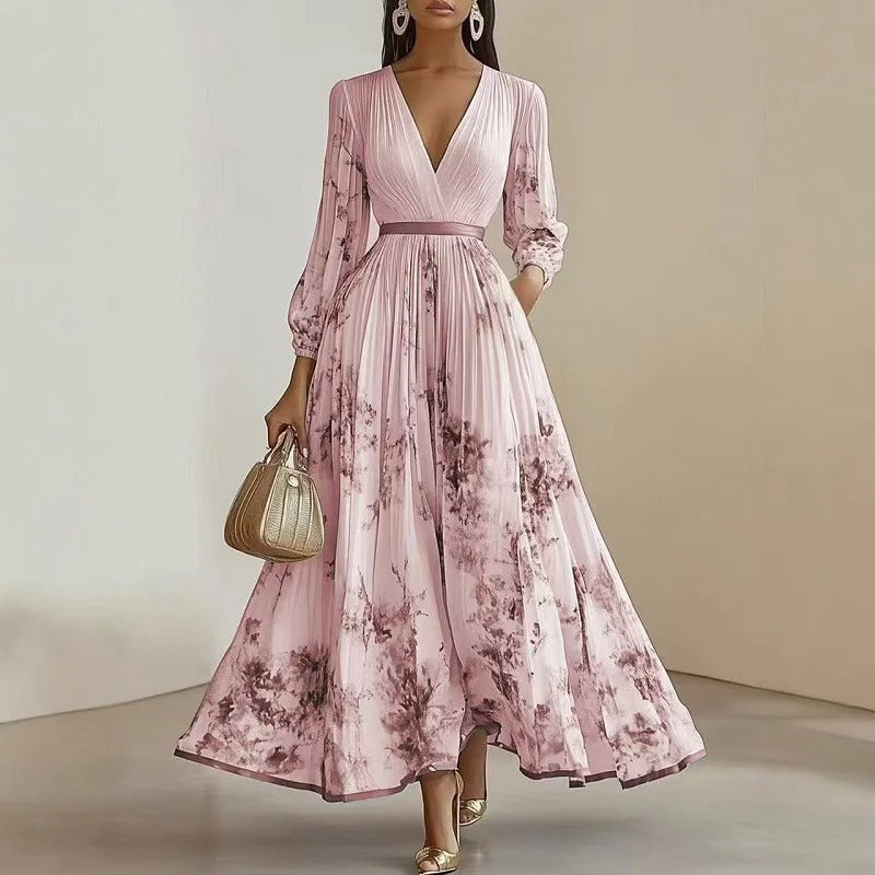 Elegant Floral Pleated Maxi Dress